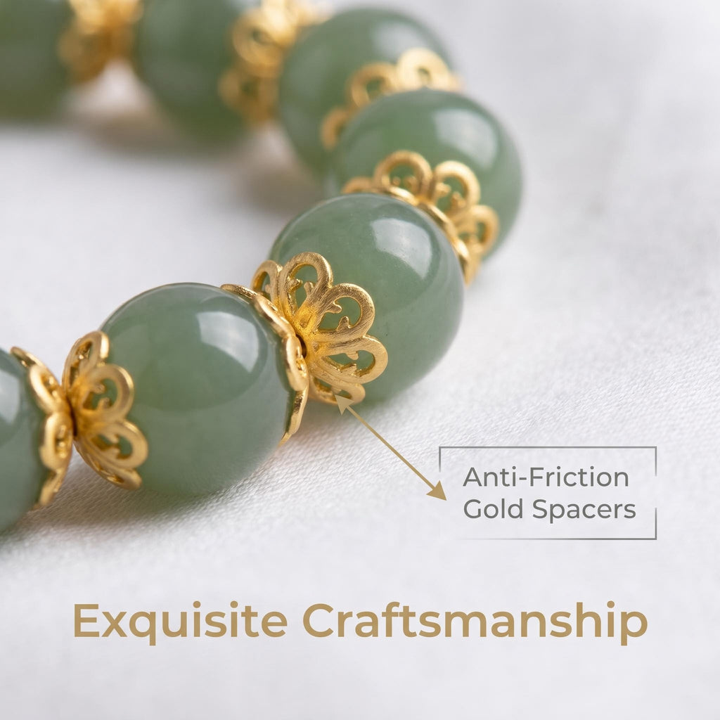 Oriental Elegance Natural Green Jade Beaded Bracelet with White Jade Lucky Rabbit & Fu Fortune Gold Charm, 14K Gold Plated Traditional Chinese Blessing Healing Crystal Jewelry Gift for Women