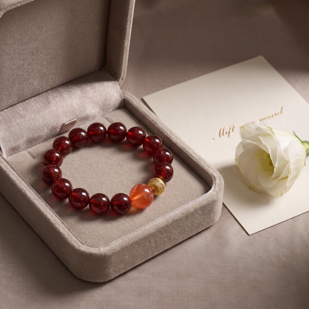 Natural Garnet Beaded Bracelet with Orange Accent Premium Garnet Bracelet for Women Translucent Natural Garnet Bracelet with Gold Char