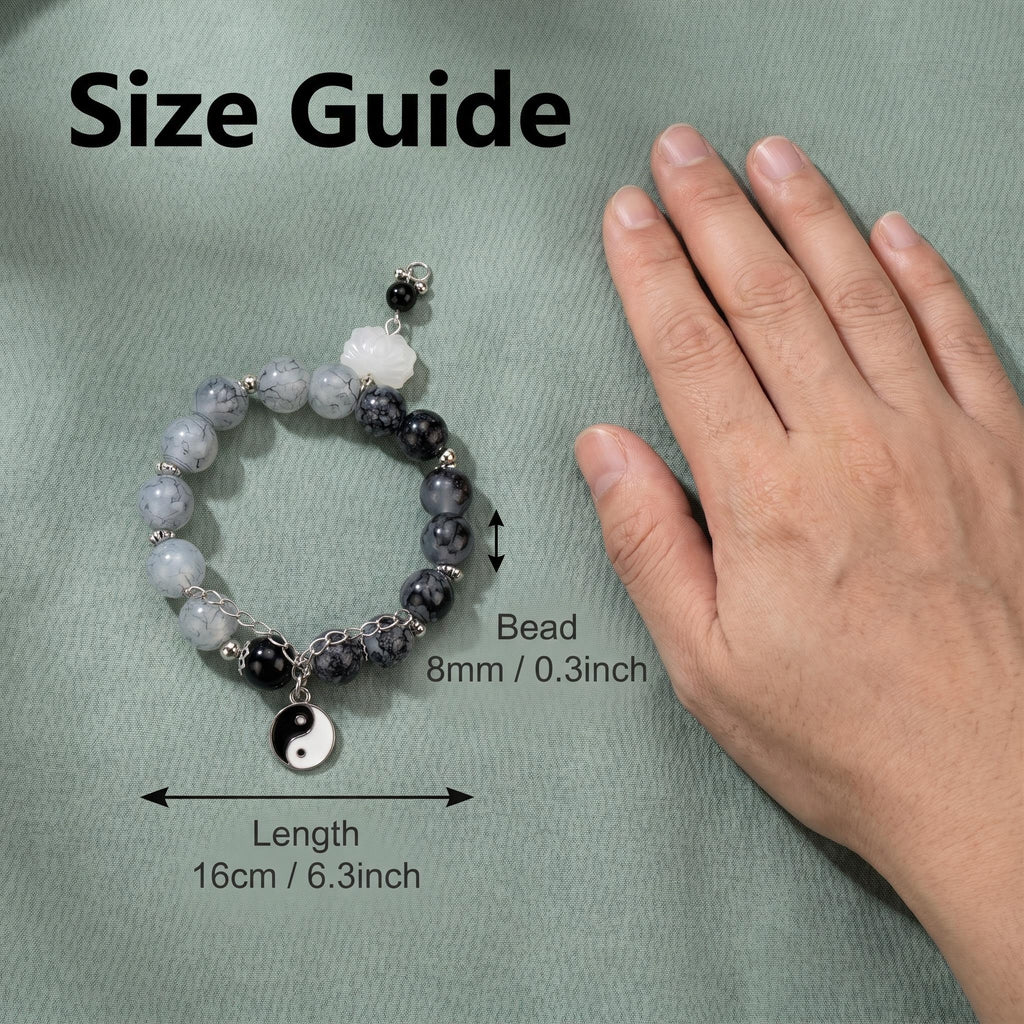 Zen Ink Wash Stone Beaded Bracelet with Yin Yang Charm & White Lotus Pendant, Oriental Spiritual Balance Meditation Crystal Bracelet Unisex Yoga Jewelry Gift for Men Women