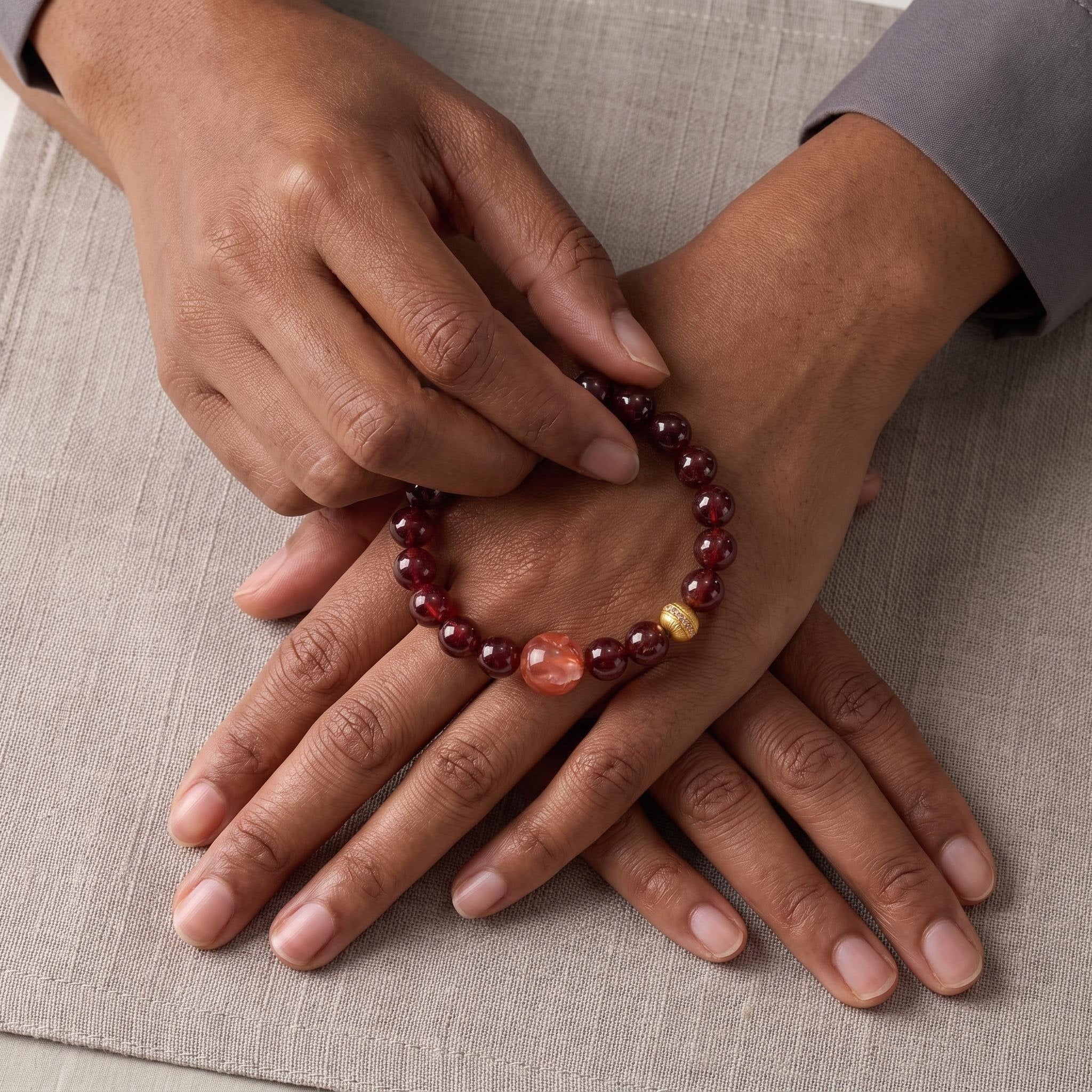 Natural Garnet Beaded Bracelet with Orange Accent Premium Garnet Bracelet for Women Translucent Natural Garnet Bracelet with Gold Char