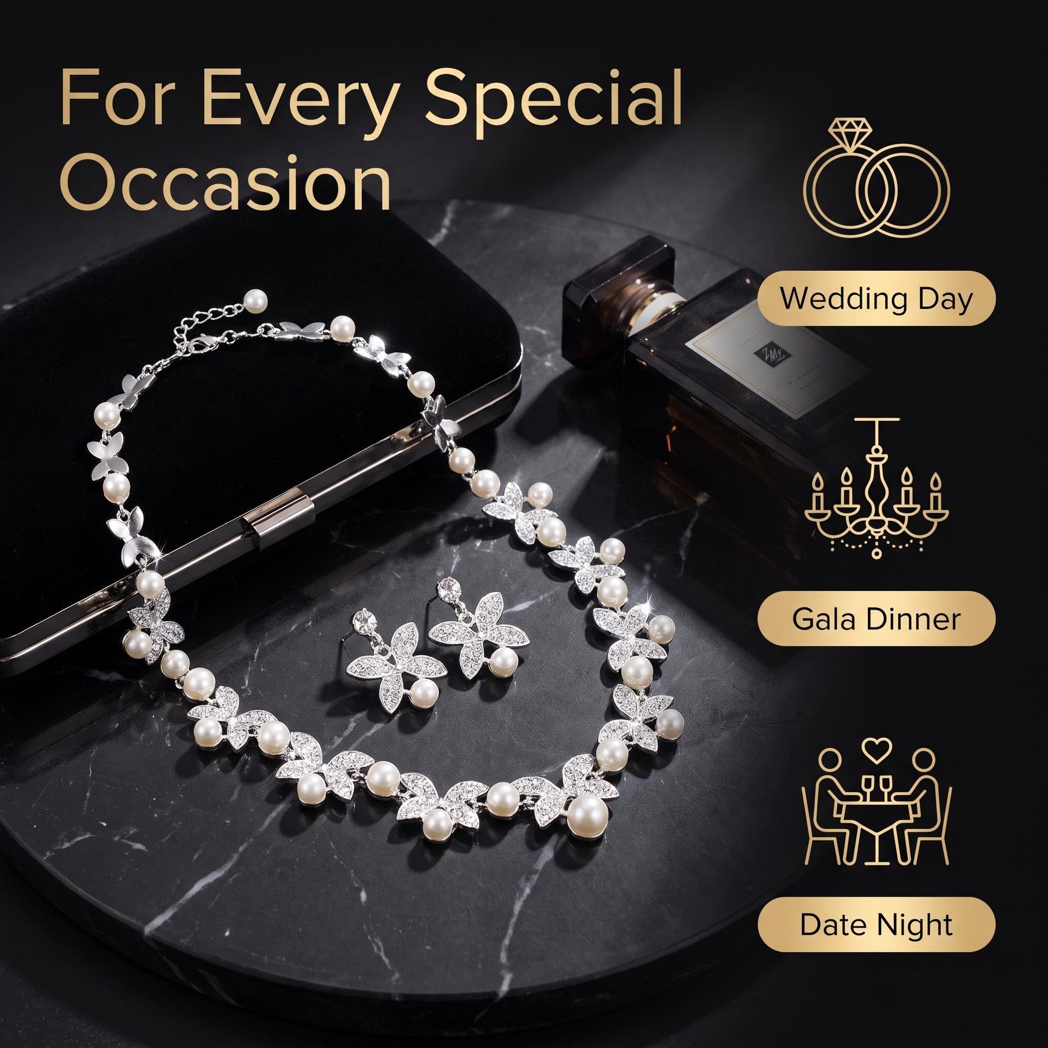 Elegant Butterfly Pearl Jewelry Set Butterfly Rhinestone Pearl Necklace & Earrings Set Timeless Butterfly Pearl Set for Women
