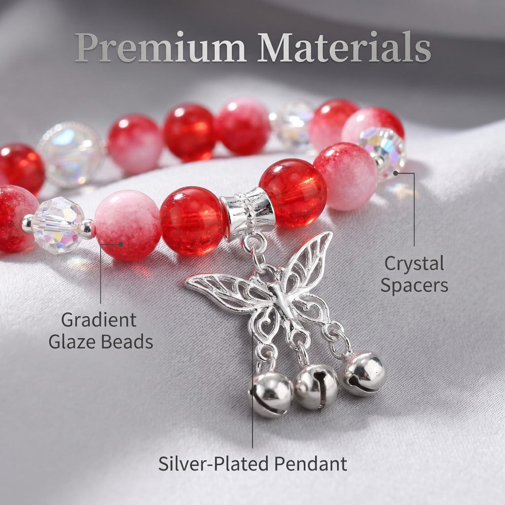 Red Pink Gradient Glaze Beaded Bracelet Silver Plated Butterfly Charm with Tiny Bells Sparkly Crystal Spacer Wrist Jewelry Gift For Women