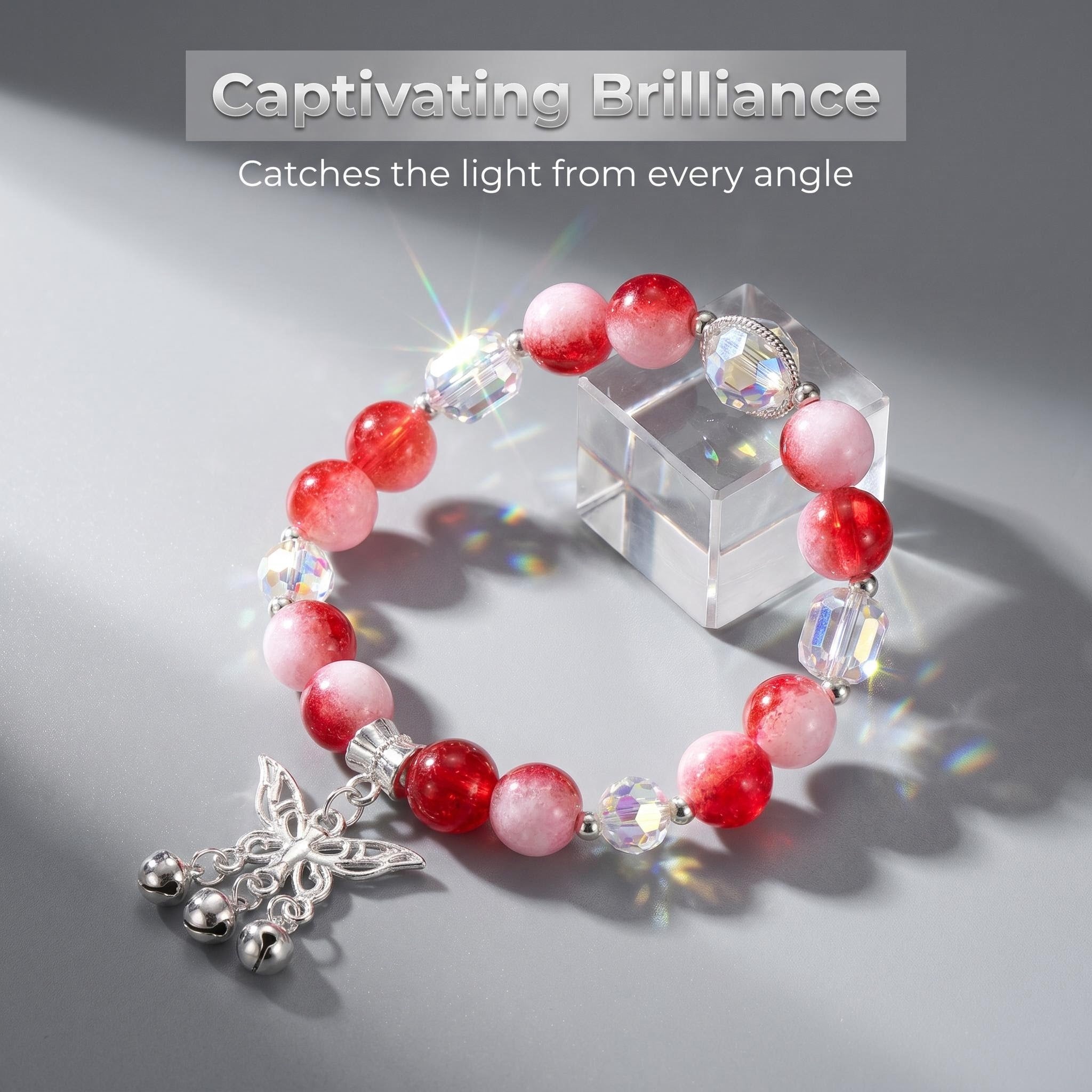 Red Pink Gradient Glaze Beaded Bracelet Silver Plated Butterfly Charm with Tiny Bells Sparkly Crystal Spacer Wrist Jewelry Gift For Women