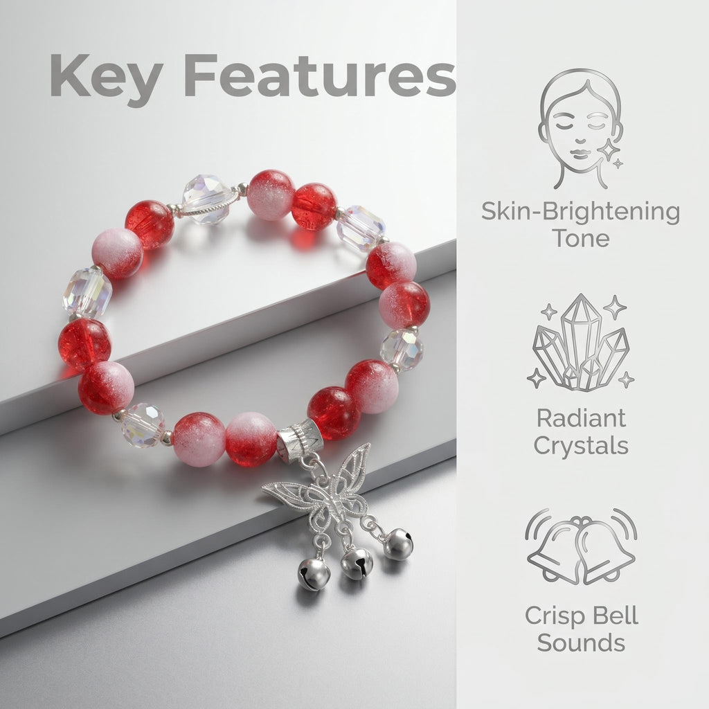 Red Pink Gradient Glaze Beaded Bracelet Silver Plated Butterfly Charm with Tiny Bells Sparkly Crystal Spacer Wrist Jewelry Gift For Women