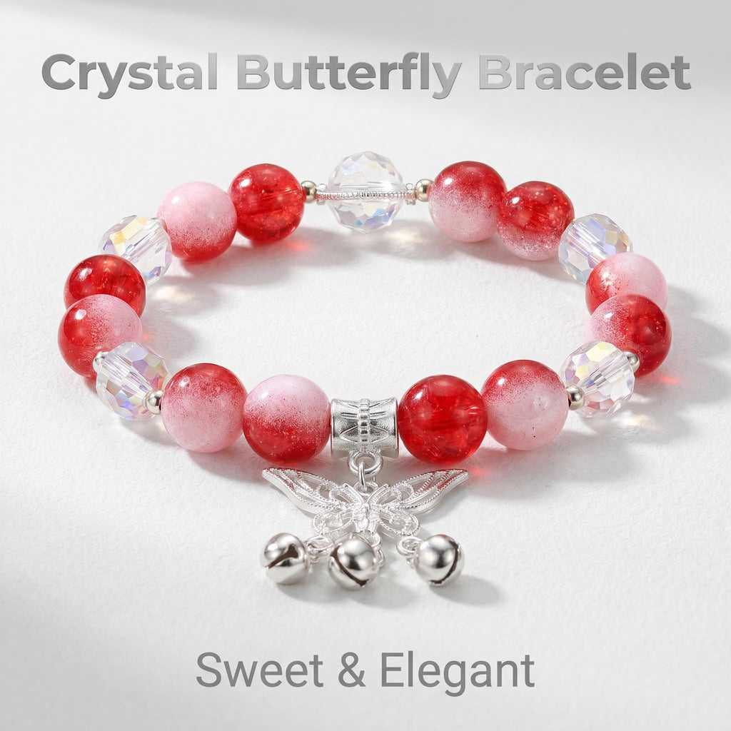 Red Pink Gradient Glaze Beaded Bracelet Silver Plated Butterfly Charm with Tiny Bells Sparkly Crystal Spacer Wrist Jewelry Gift For Women