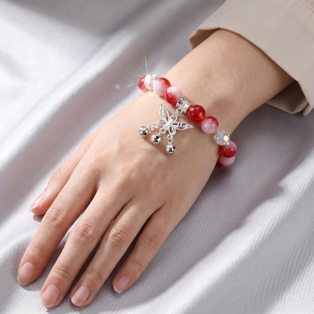 Red Pink Gradient Glaze Beaded Bracelet Silver Plated Butterfly Charm with Tiny Bells Sparkly Crystal Spacer Wrist Jewelry Gift For Women